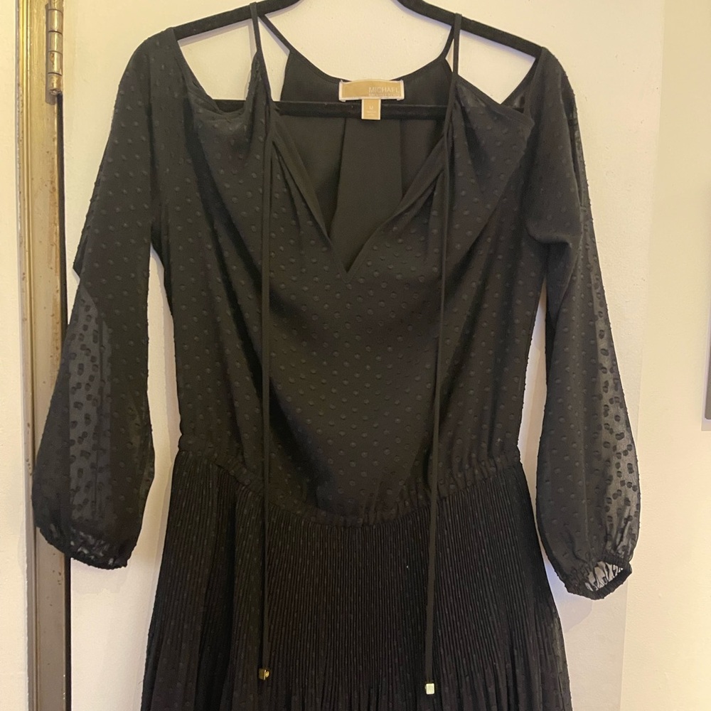 Michael Kors black pleated polka dot cold should dress